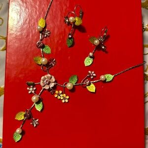 Floral Handmade Jewelry Pearly Leaf Necklace and Earring Set Wedding Party Fairy